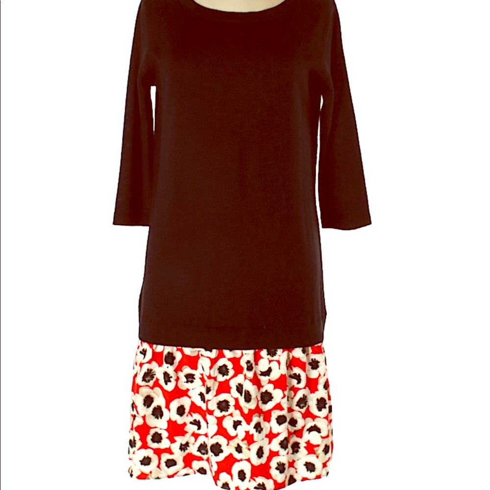 Sweater and silk layered dress w/ poppy print